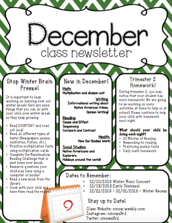 December News - Ms. Ninow's 3rd Grade Class